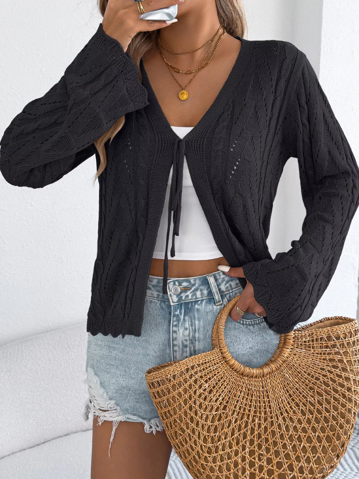 Openwork Tie Front Knit Cardigan, view 11