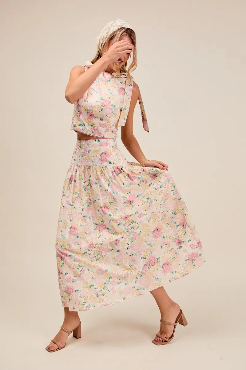 SO ME Floral Printed Woven Shoulder Bow Tie Top and Skirt Set - Fashorio