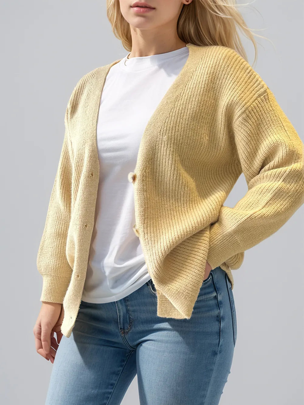 Button Down V-Neck Long Sleeve Cardigan - Fashorio