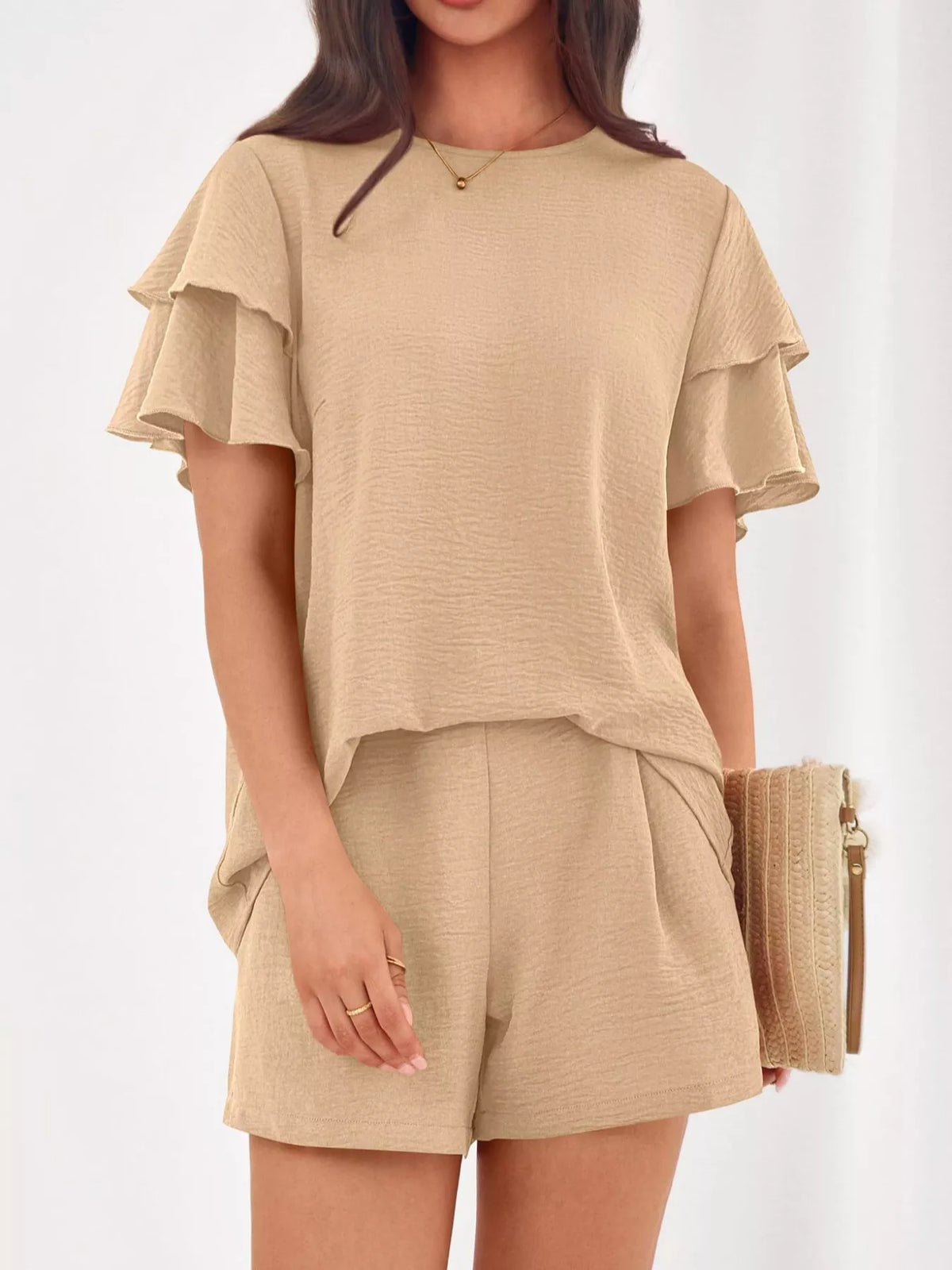 Coordinated ruffle top and shorts set side view