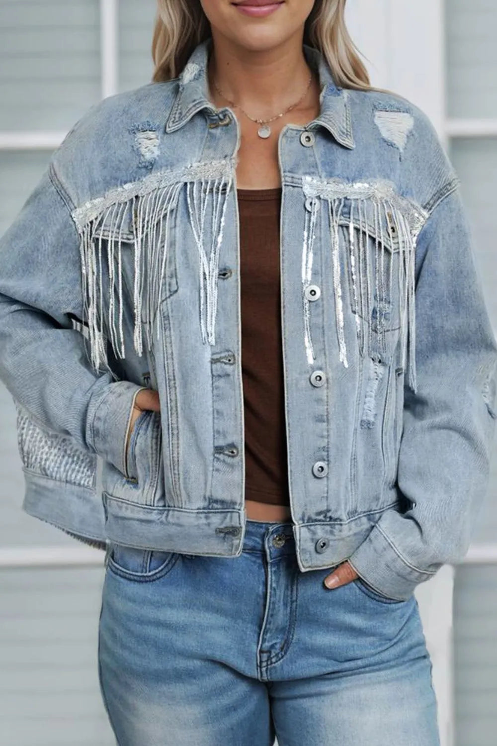 Sequin Fringe Distressed Denim Jacket in Medium Wash back view