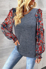 Heathered Floral Frill Lantern Sleeve Blouse Dark Gray - Fashorio