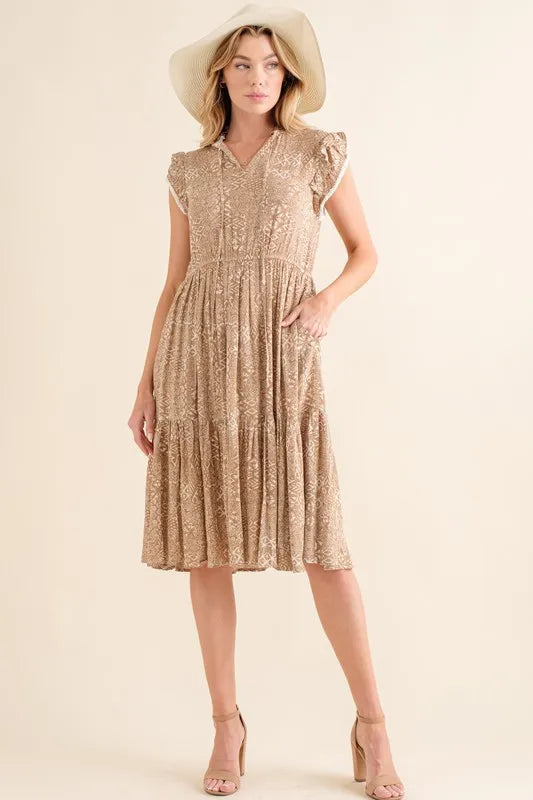 Boho printed tiered maxi dress in taupe full length view