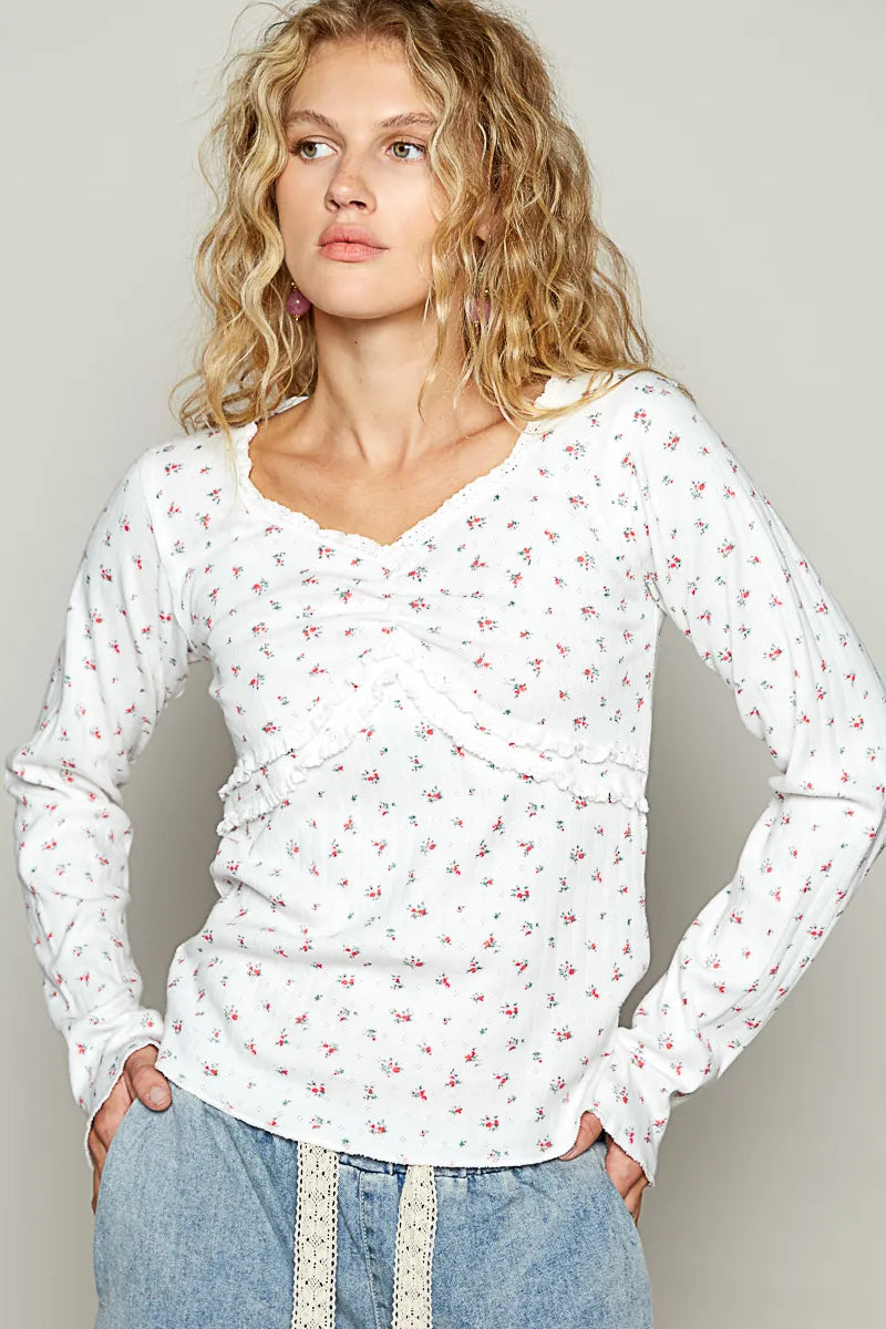 POL Floral V-Neck Long Sleeve T-Shirt White - Fashorio
