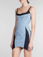 Contrast Adjustable Strap Denim Dress Blue - Fashorio