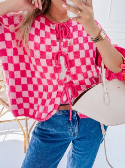 Checkered Tie-Front Knit Cardigan - Fashorio