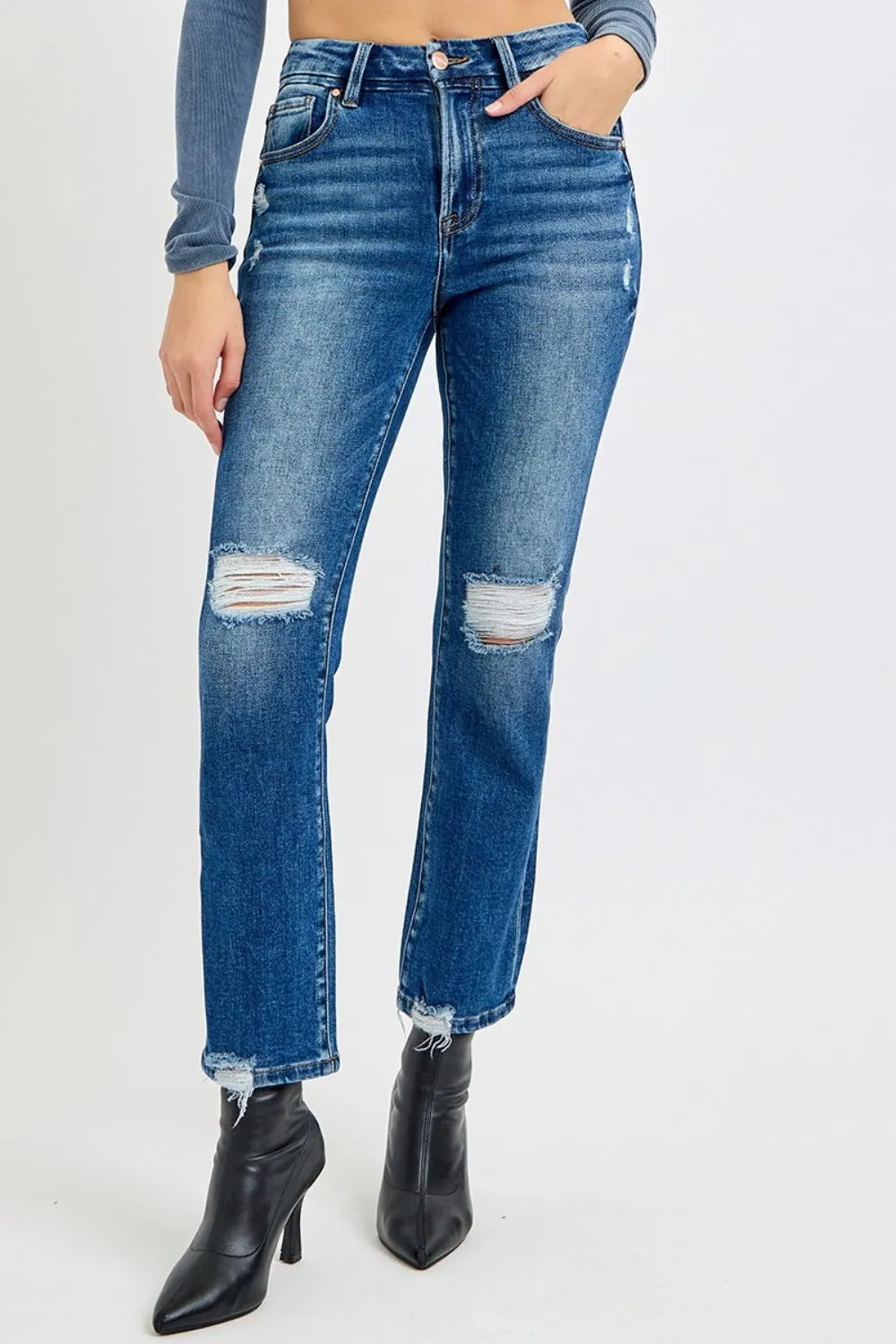 RISEN Full Size High Rise Distressed Crop Straight Jeans - Fashorio