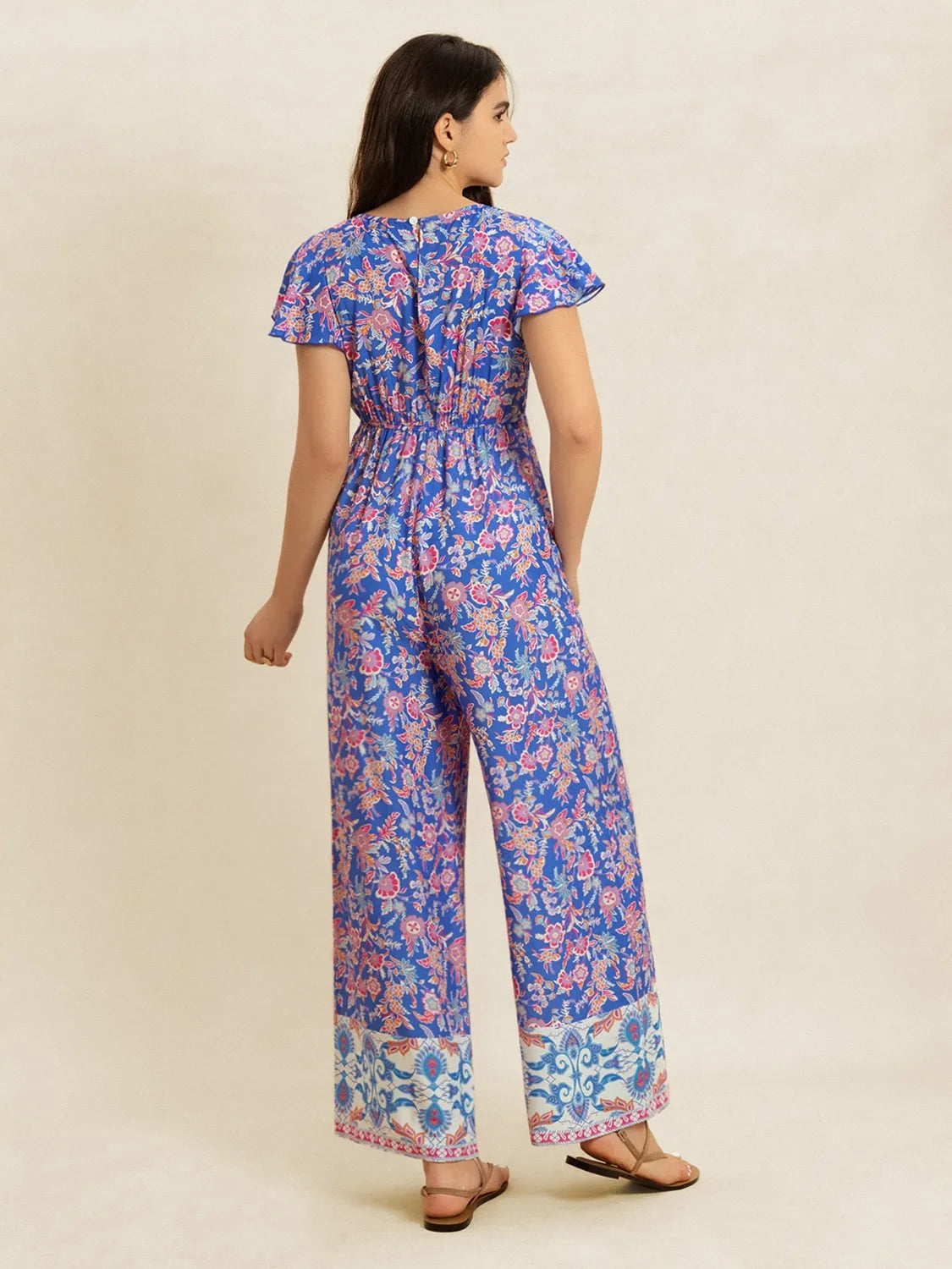 Wide leg jumpsuit print fabric close up