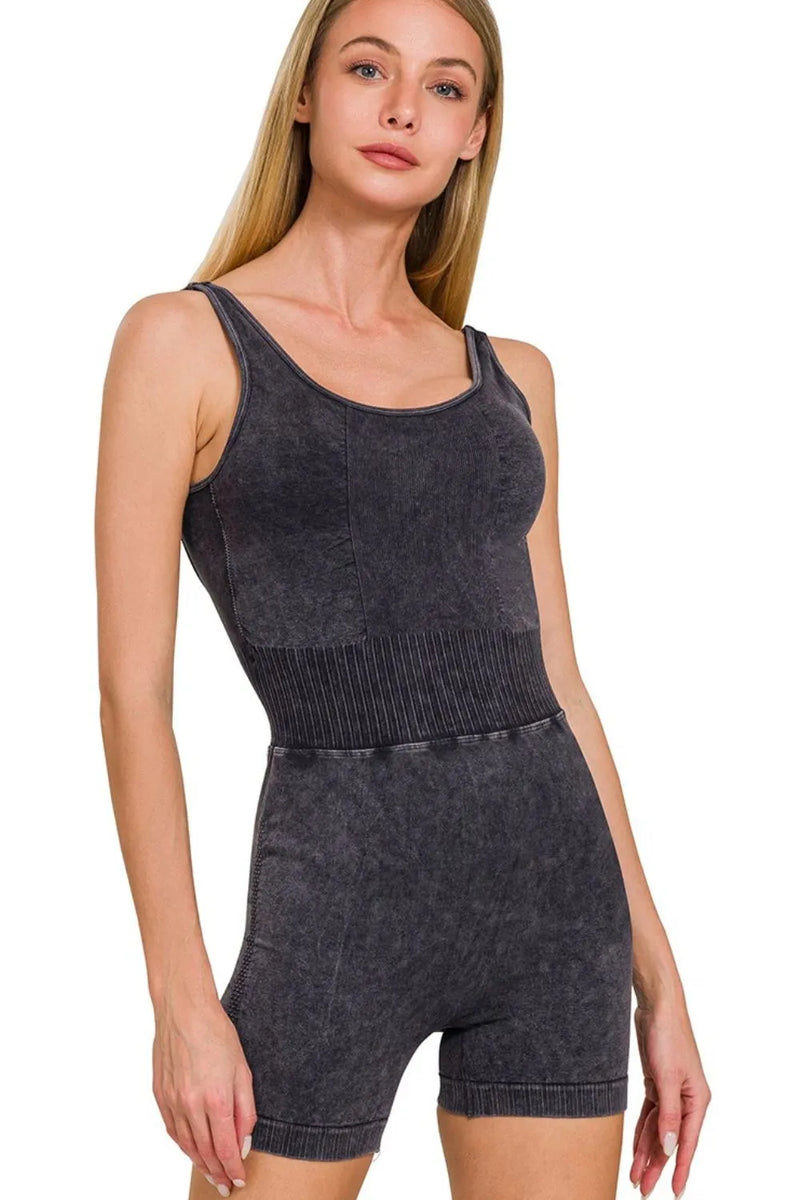 zenana washed sports romper in black front view