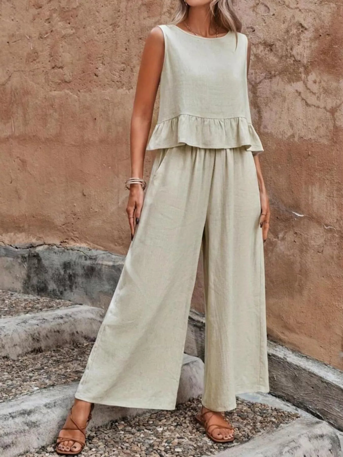 Coordinated sleeveless top and wide leg pants outfit