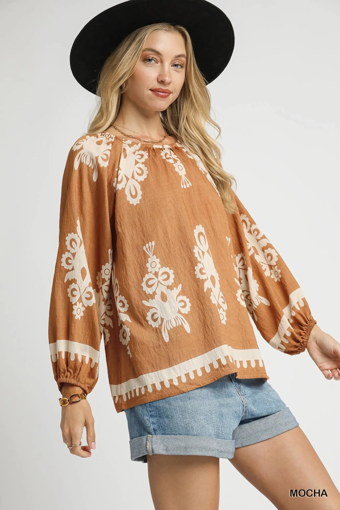 Umgee Full Size Two Tone Border Print Top with Balloon Sleeves Plus Size - Fashorio