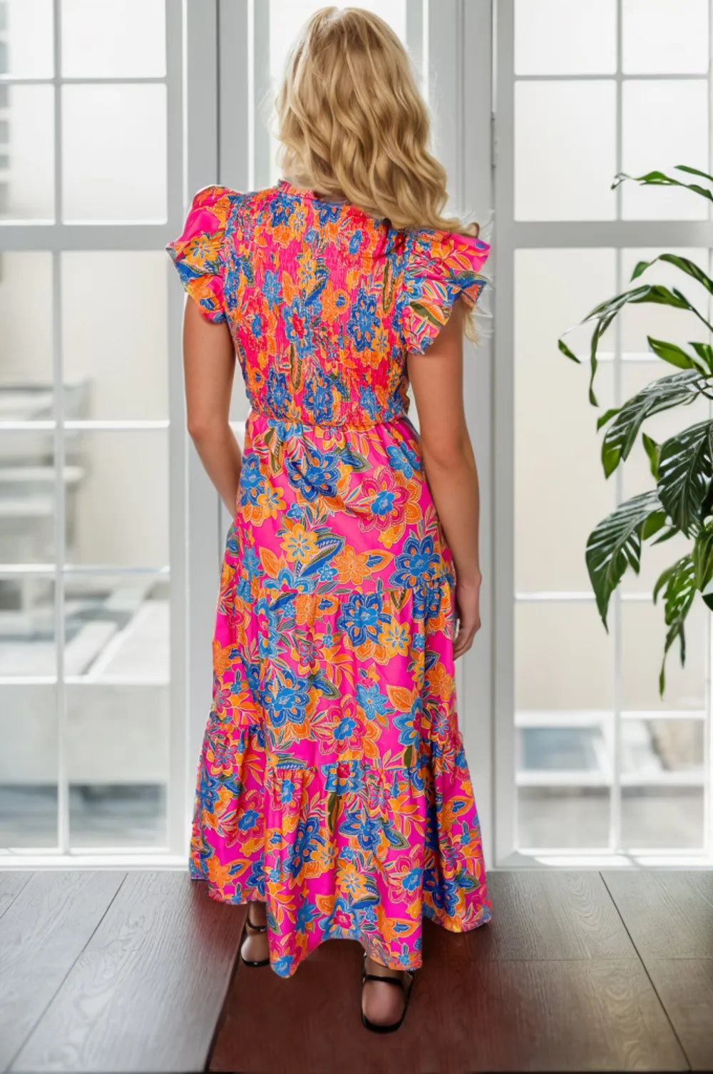 Printed V-Neck Cap Sleeve Pocketed Midi Dress, side view