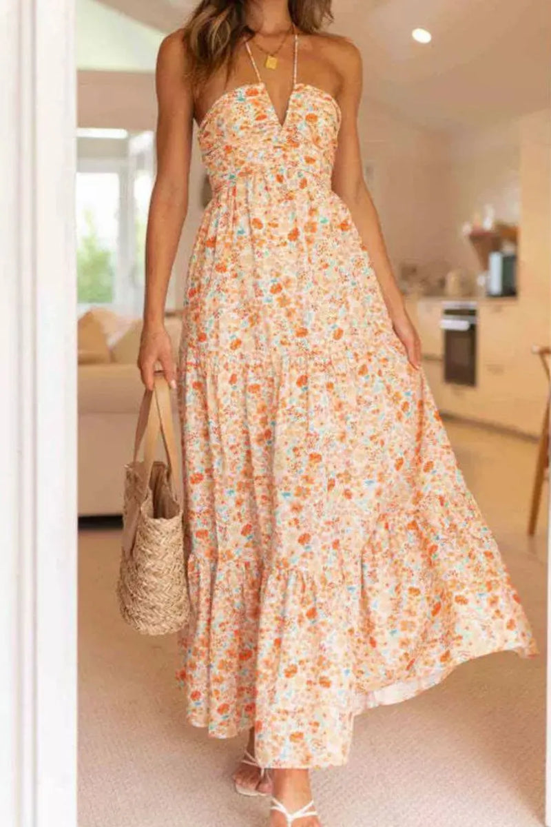 floral halter neck tiered maxi dress front view