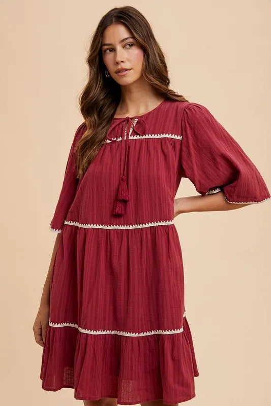Tassel Tie Neck Tiered Dress in Burgundy