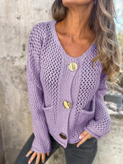 Crochet Button Up Long Sleeve Cardigan Purple - Fashorio
