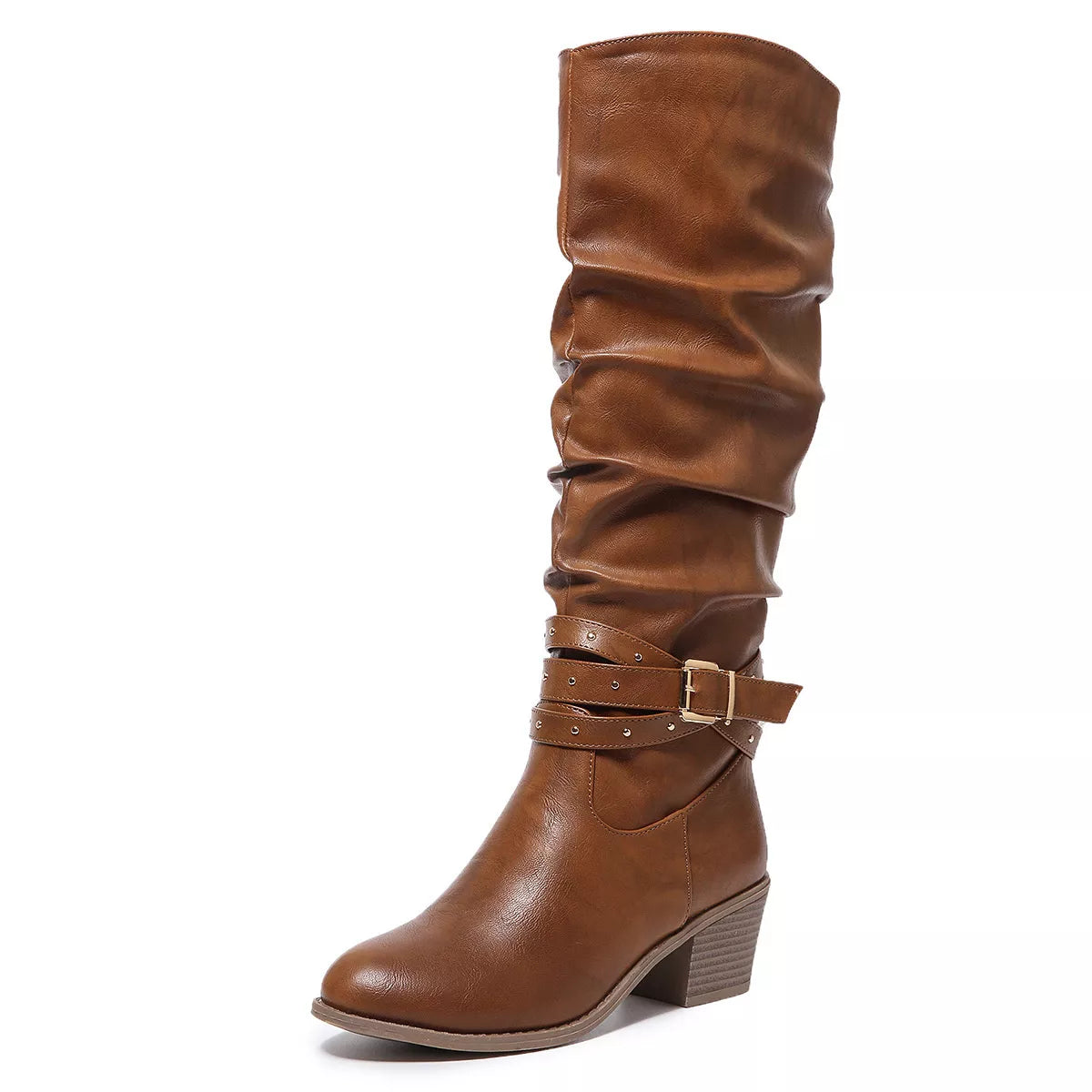 Round toe block heels boots angled three quarter view