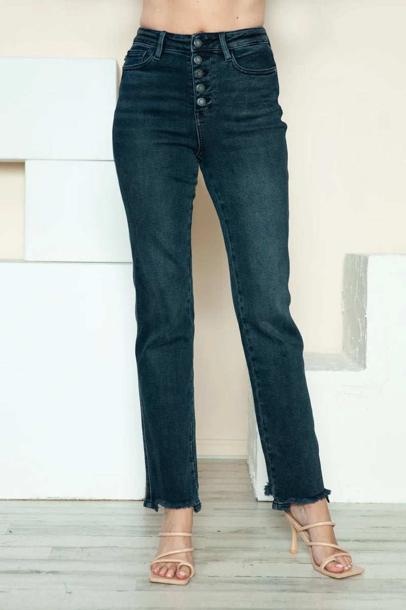 Judy Blue button fly destroy straight jeans front view on model