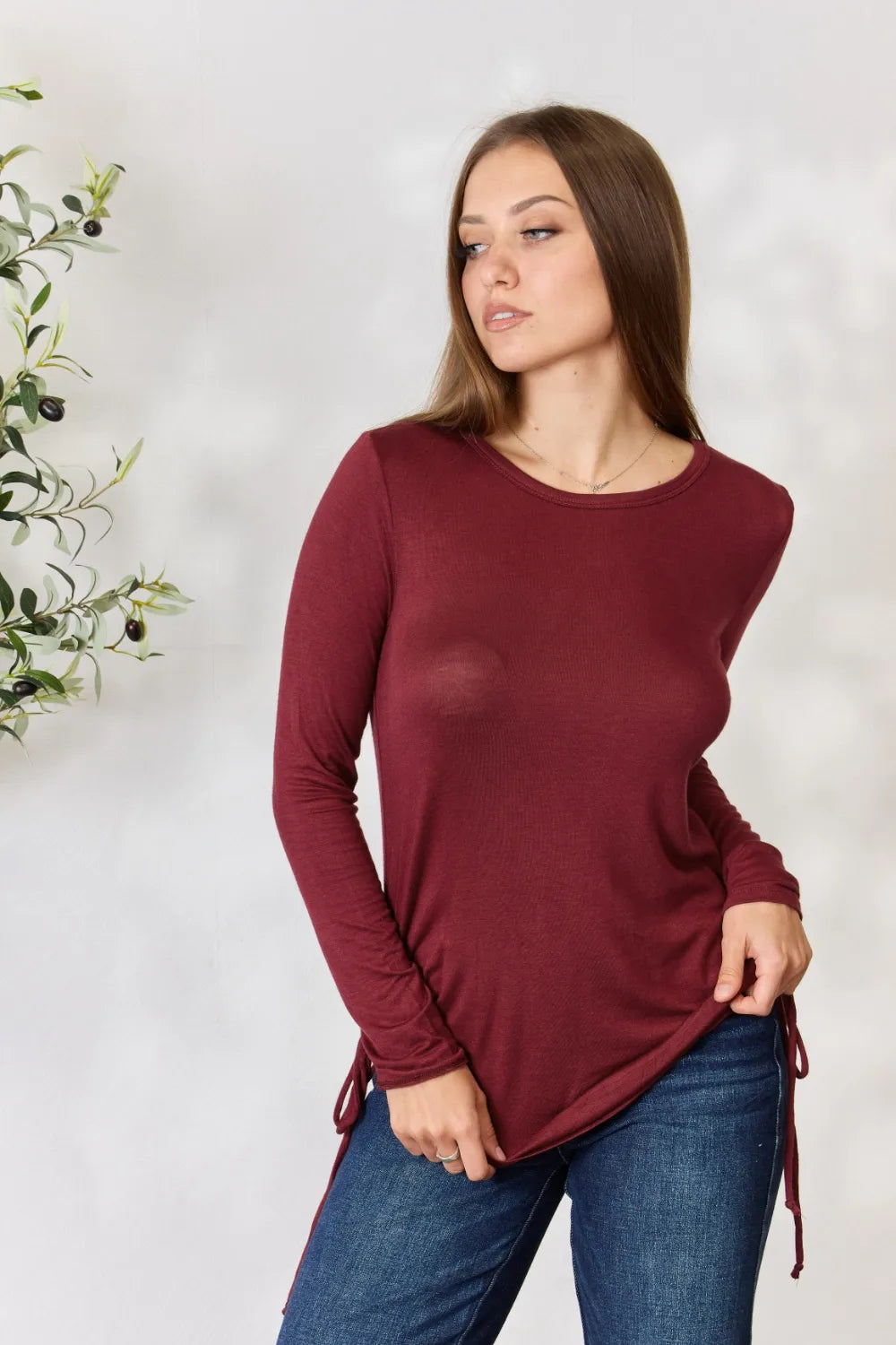 Culture Code Full Size Drawstring Round Neck Long Sleeve Top - Fashorio