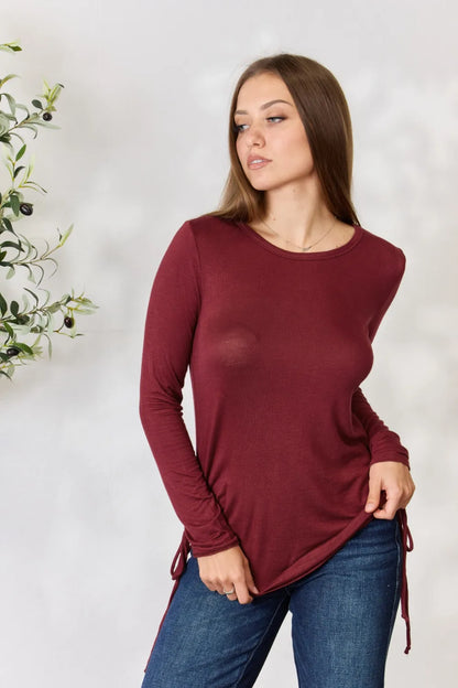 Culture Code Full Size Drawstring Round Neck Long Sleeve Top - Fashorio