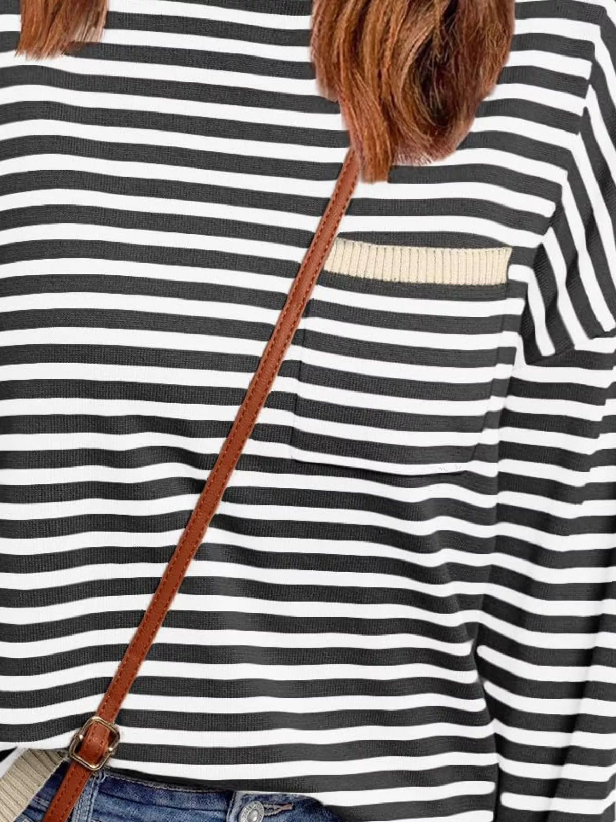 Striped round neck knit top side view