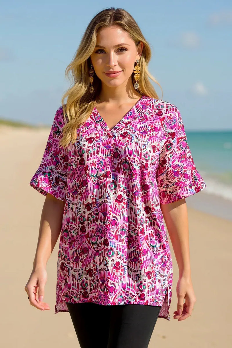 Double Take printed V neck short sleeve blouse front view on model
