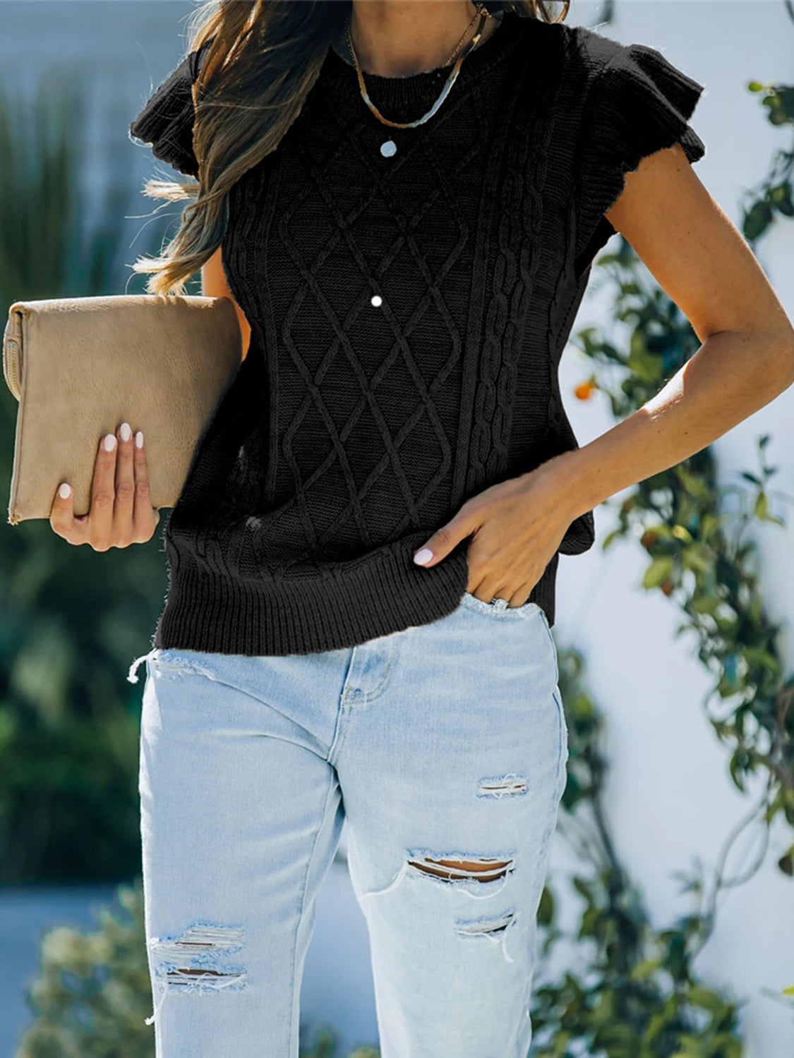 Round Neck Cap Sleeve Sweater - Fashorio