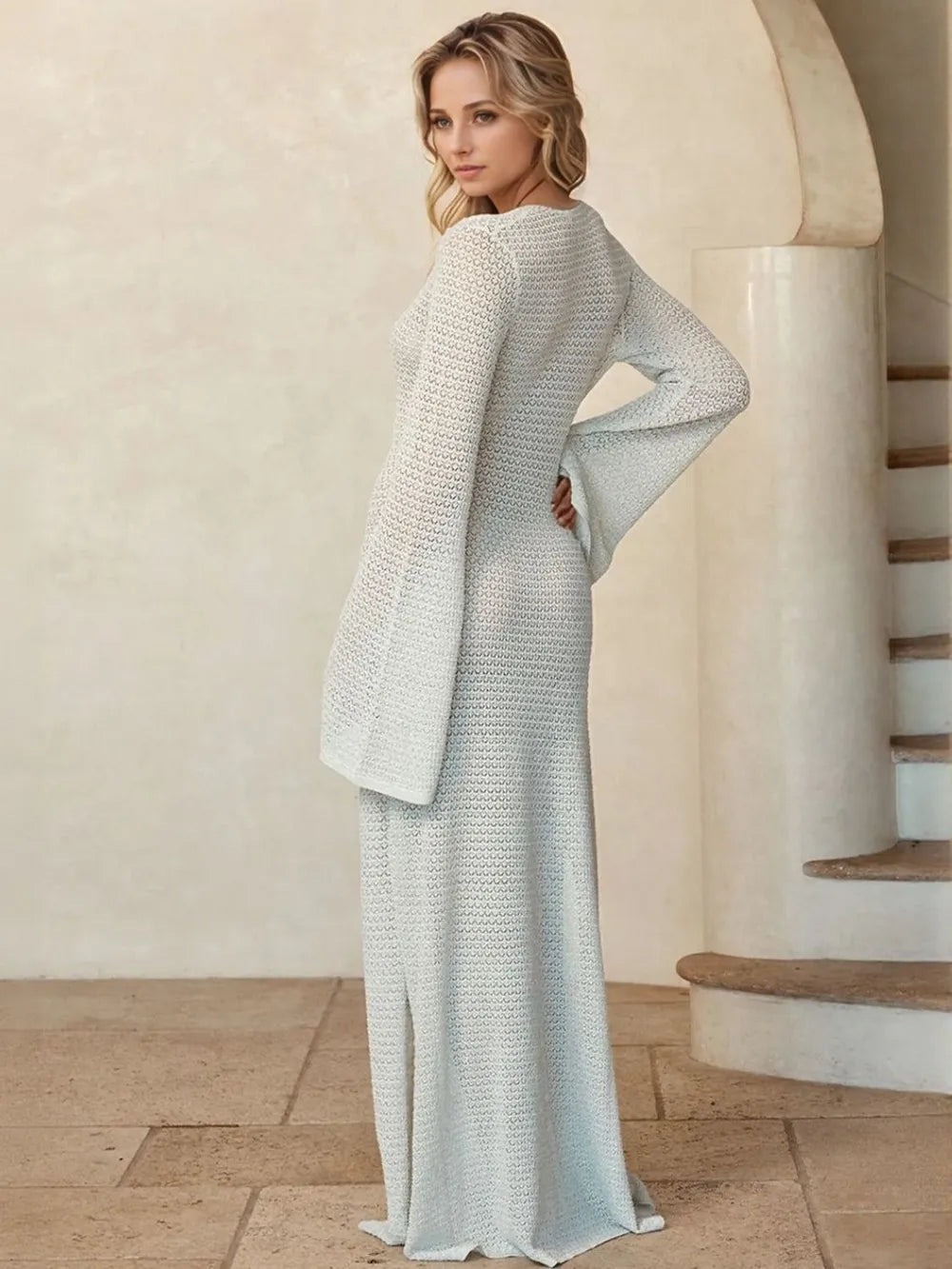 Slit Plunge Flare Sleeve Cover-Up Dress - Fashorio