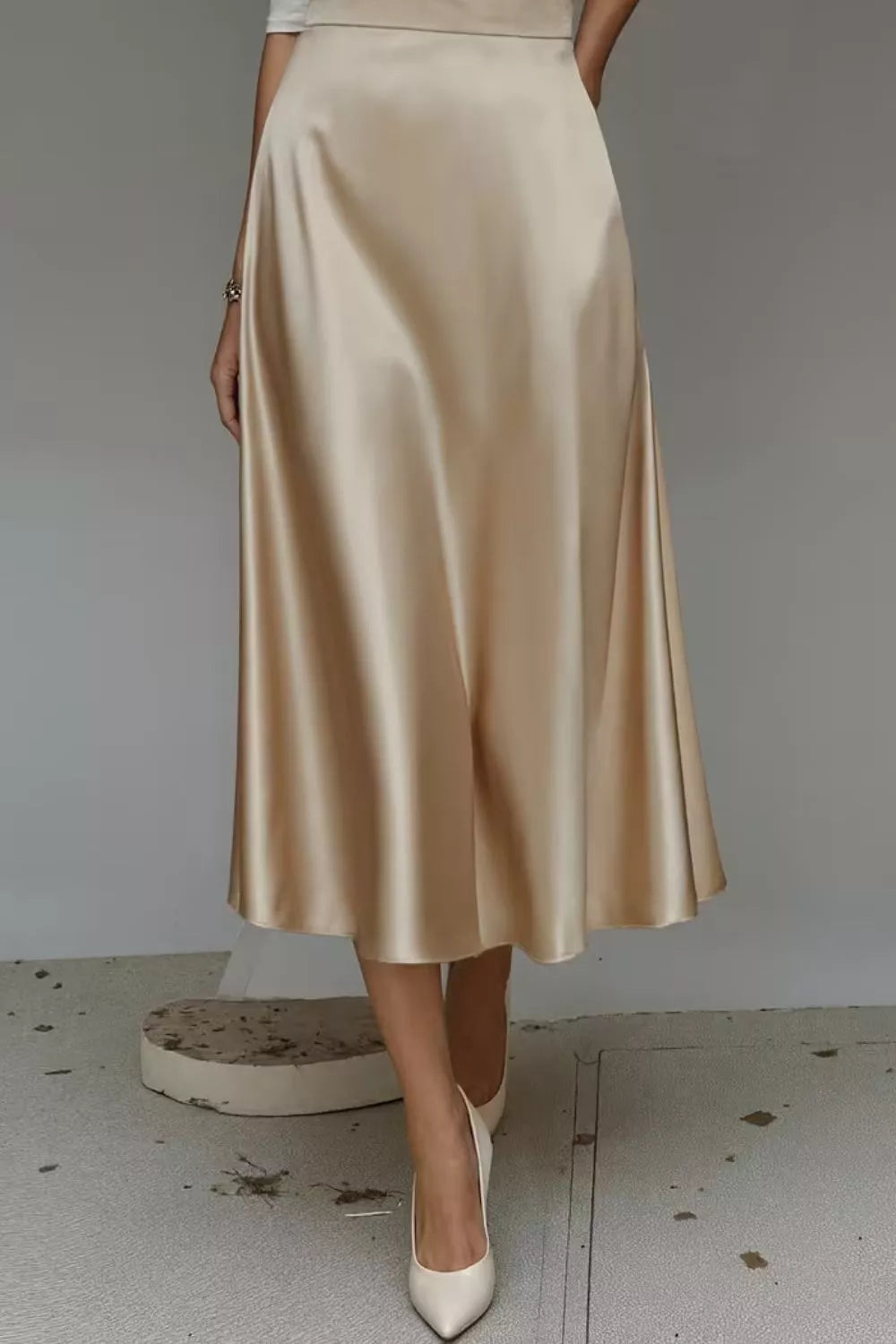 Satin A line midi skirt fabric detail