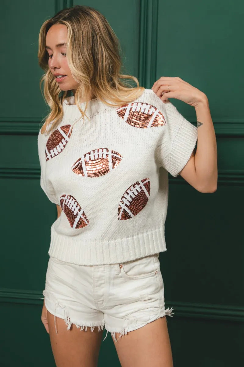 BiBi Gameday Sequin Football Patches Rib Banded Sweater - Fashorio