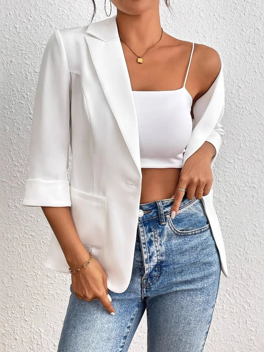 Classic Lapel Collar One Button Blazer White - Fashorio