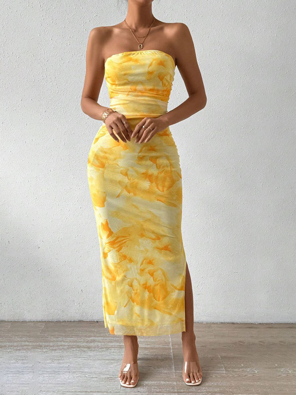 ruched strapless bodycon midi dress back view