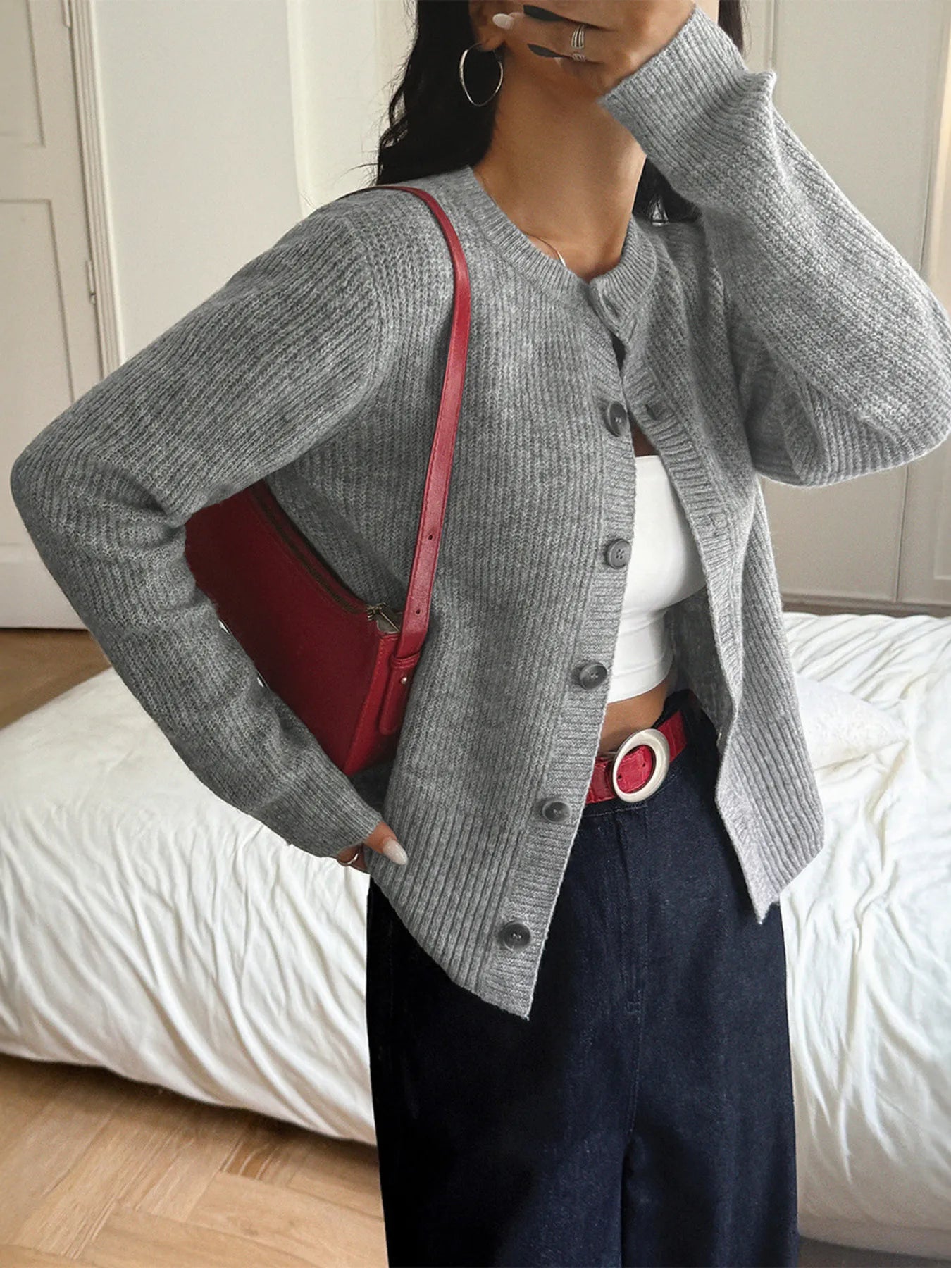 Button-Up Ribbed Knit Cardigan - Fashorio