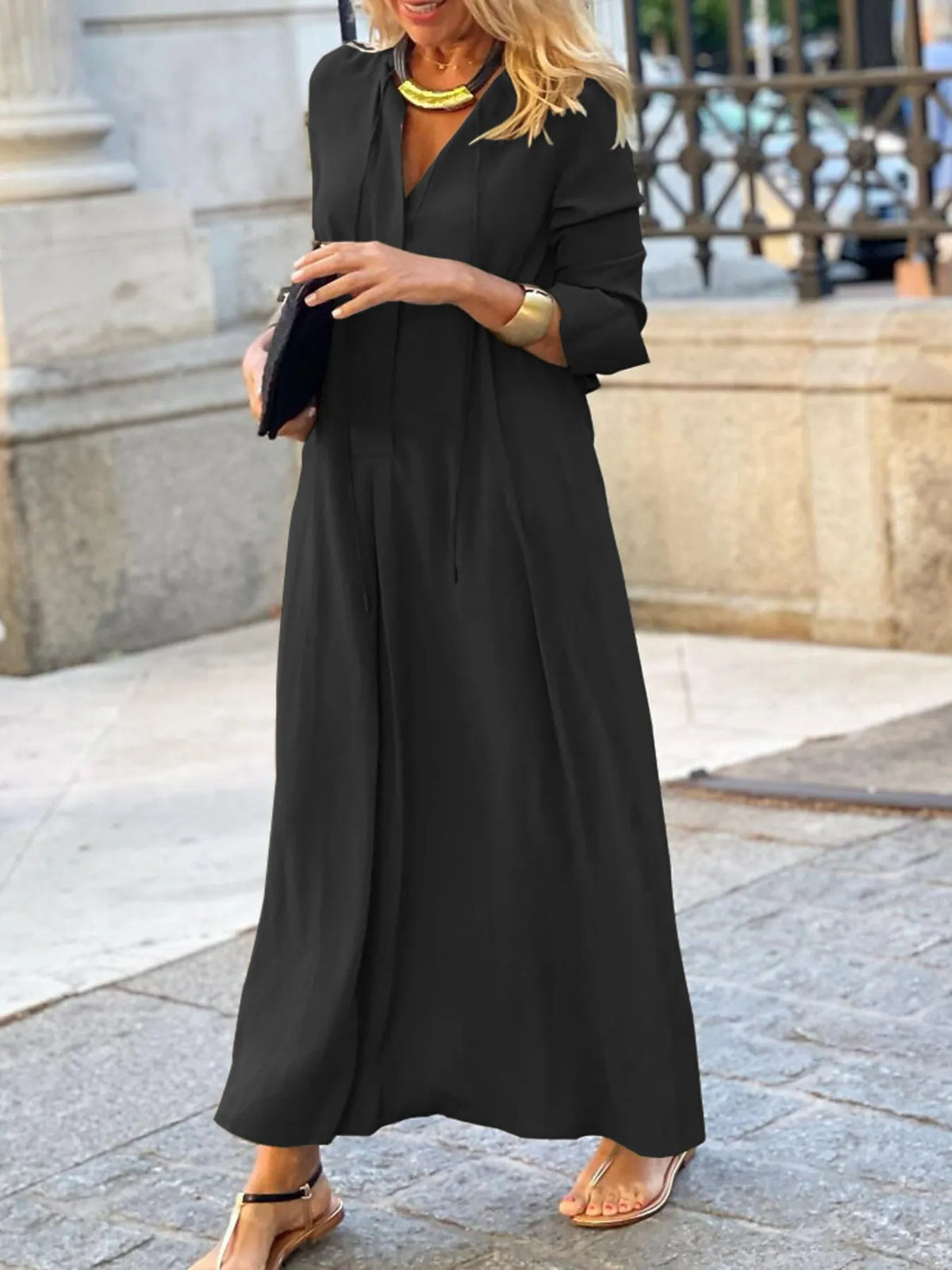 Solid maxi shirt dress detail view