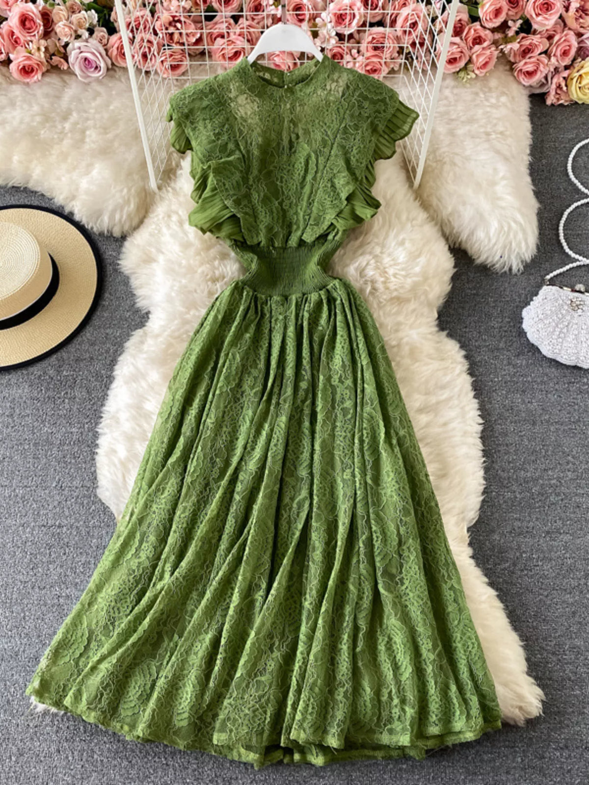 Ruffled mock neck lace maxi dress, full length view