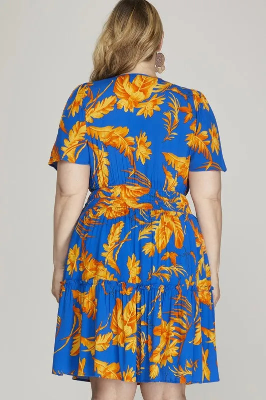 Printed Notched Short Sleeve Frill Tiered Dress detail