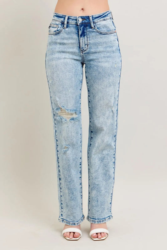 Judy Blue Full Size Hw Mineral Wash Destroy 90's Straight Jeans Plus Size LT - Fashorio