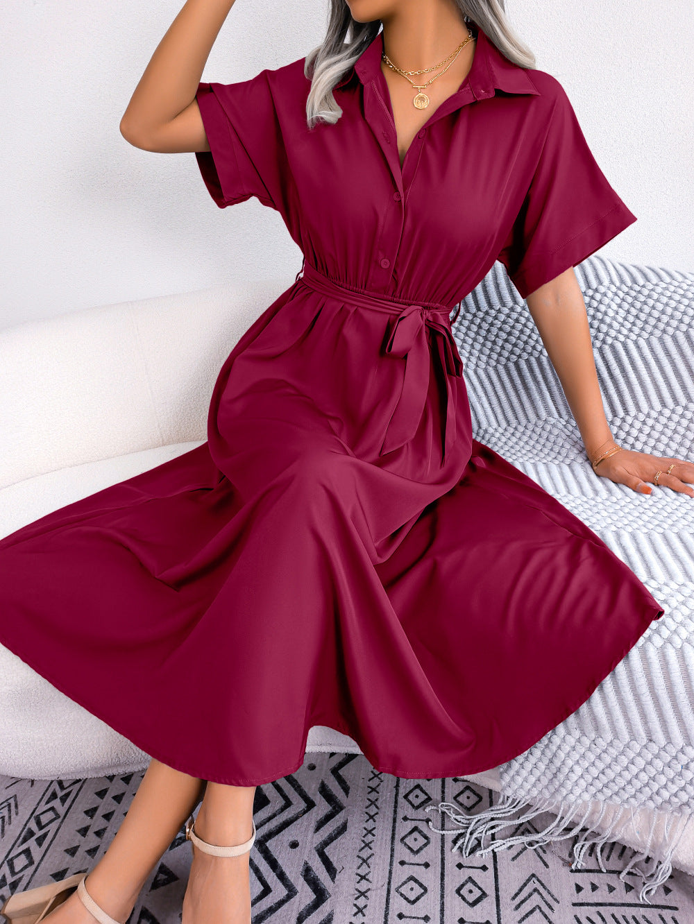 Short Sleeve Collared Tie Belt Dress Burgundy - Fashorio