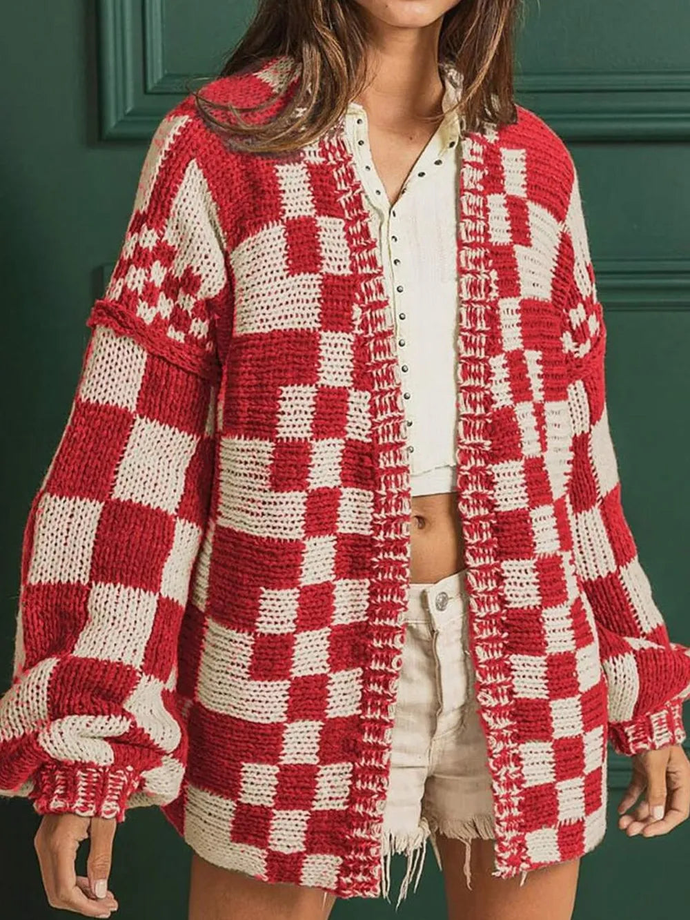 Checkered Open Front Long Sleeve Cardigan Deep Red - Fashorio
