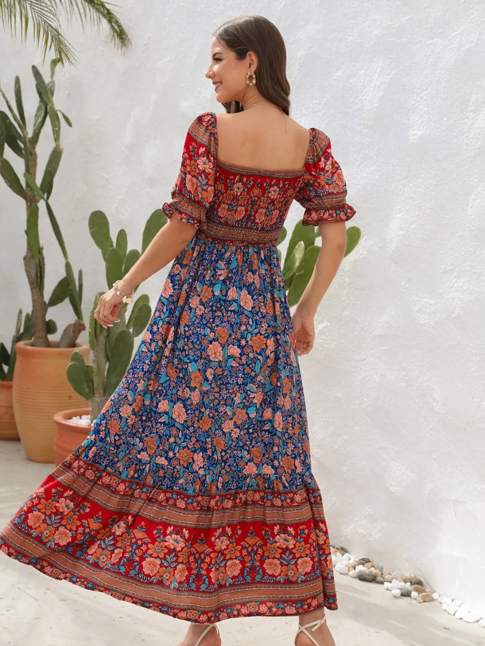 Floral flounce sleeve midi dress full outfit