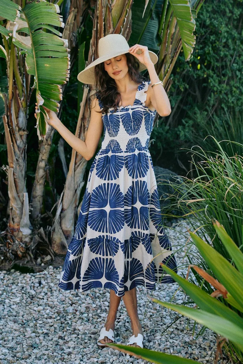 Navy abstract print smocked bodice tiered midi dress front view