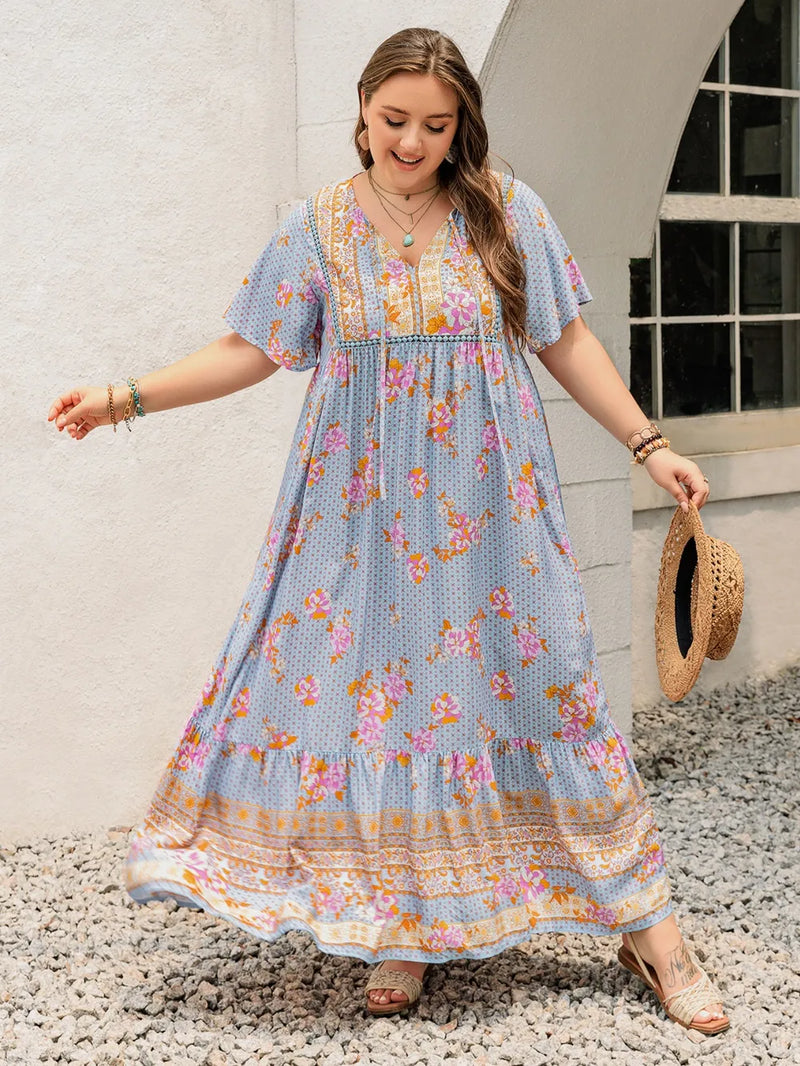 Plus Size Tie Neck Flutter Sleeve Maxi Dress, front view
