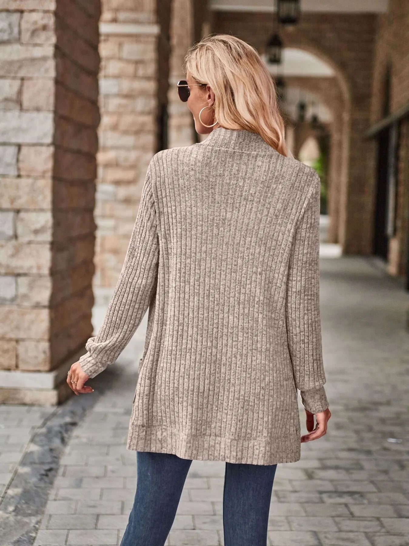 Ribbed Open Front Long Cardigan with Pockets - Fashorio