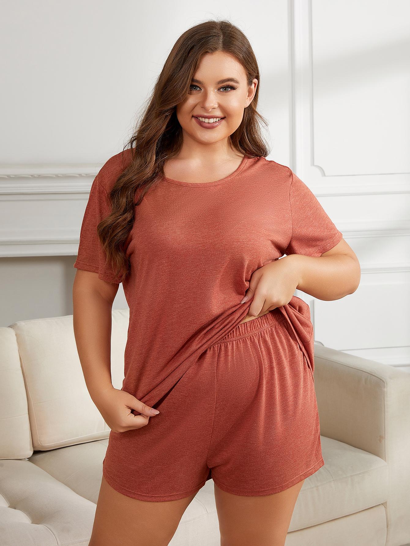 Plus Size Round Neck Short Sleeve Two-Piece Loungewear Set Rust - Fashorio