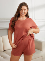 Plus Size Round Neck Short Sleeve Two-Piece Loungewear Set Rust - Fashorio