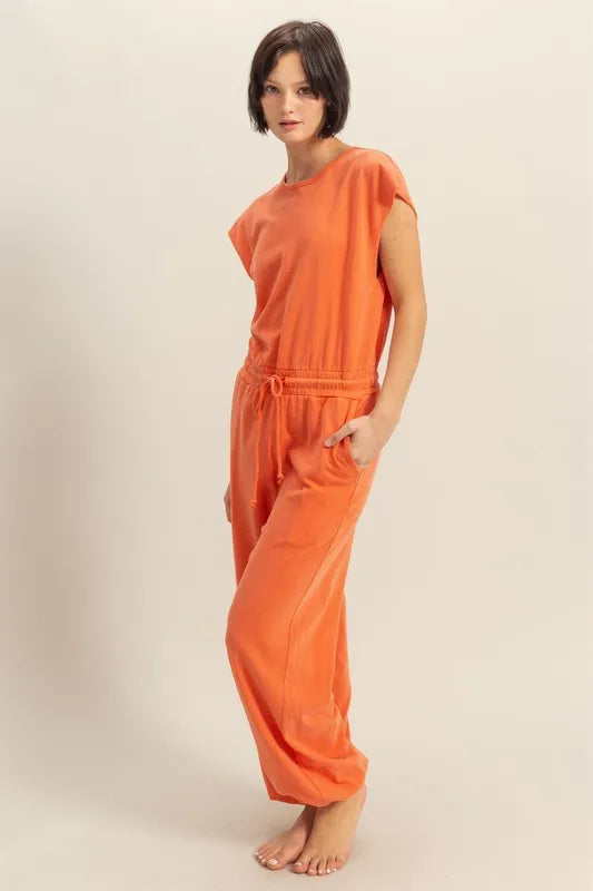 Back Keyhole Round Neck Cap Sleeve Drawstring Jumpsuit back view