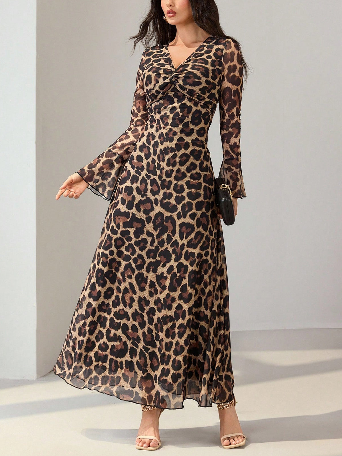 Leopard print flare sleeve maxi dress side view