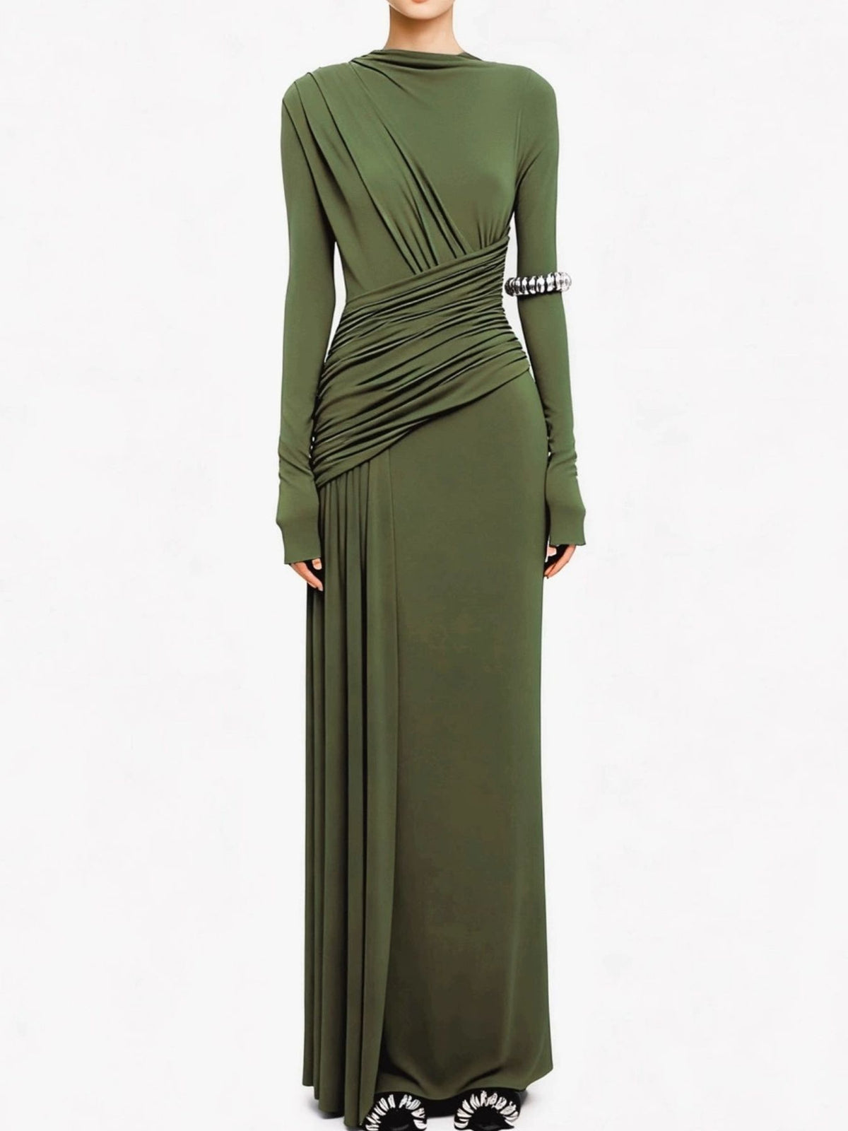 Ruched long sleeve maxi dress, walking shot