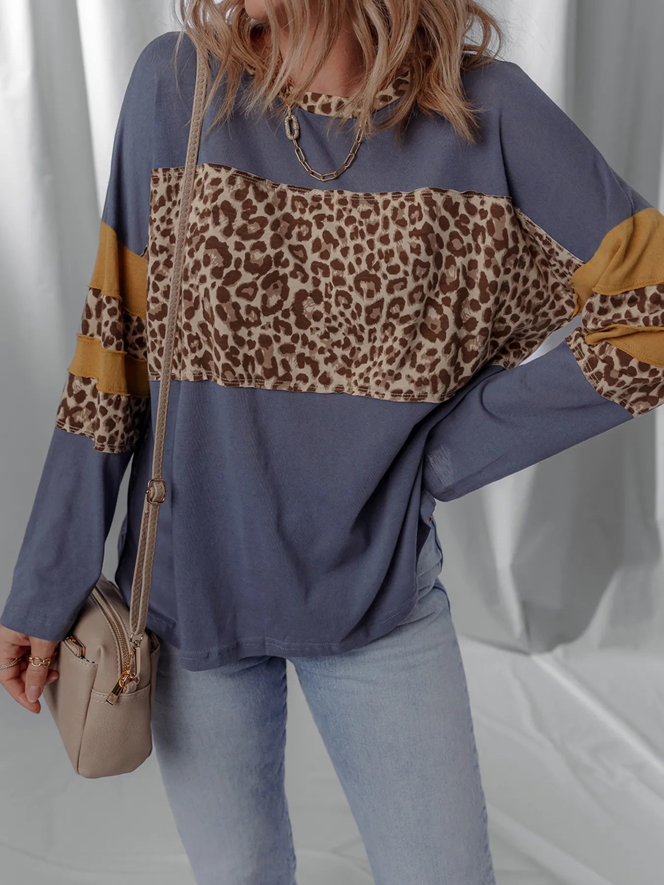Leopard Color Block Long Sleeve Drop Shoulder Top - Fashorio