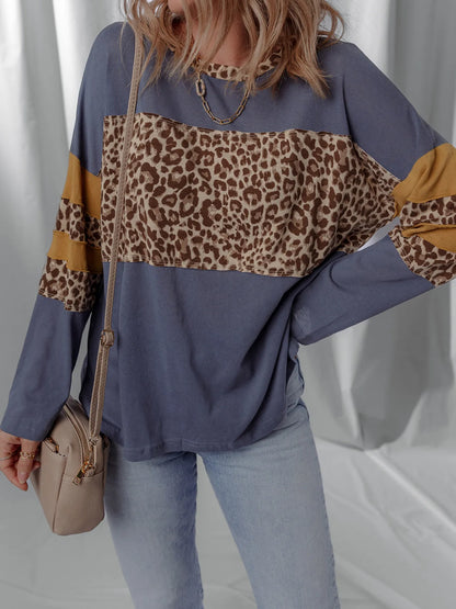 Leopard Color Block Long Sleeve Drop Shoulder Top - Fashorio