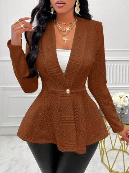 One Button Textured Peplum Cardigan - Fashorio